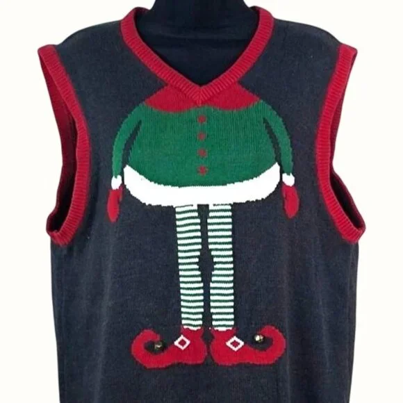 Ugly Christmas Sweater Womens Elf Vest Large Gray & Red Knit Holiday Top - Picture 5 of 9